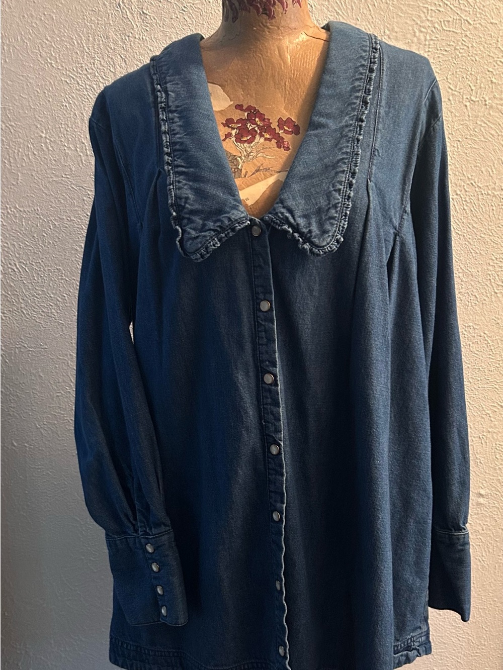 Free People Indigo Denim Button-Front Shirt with Ruffle Collar
